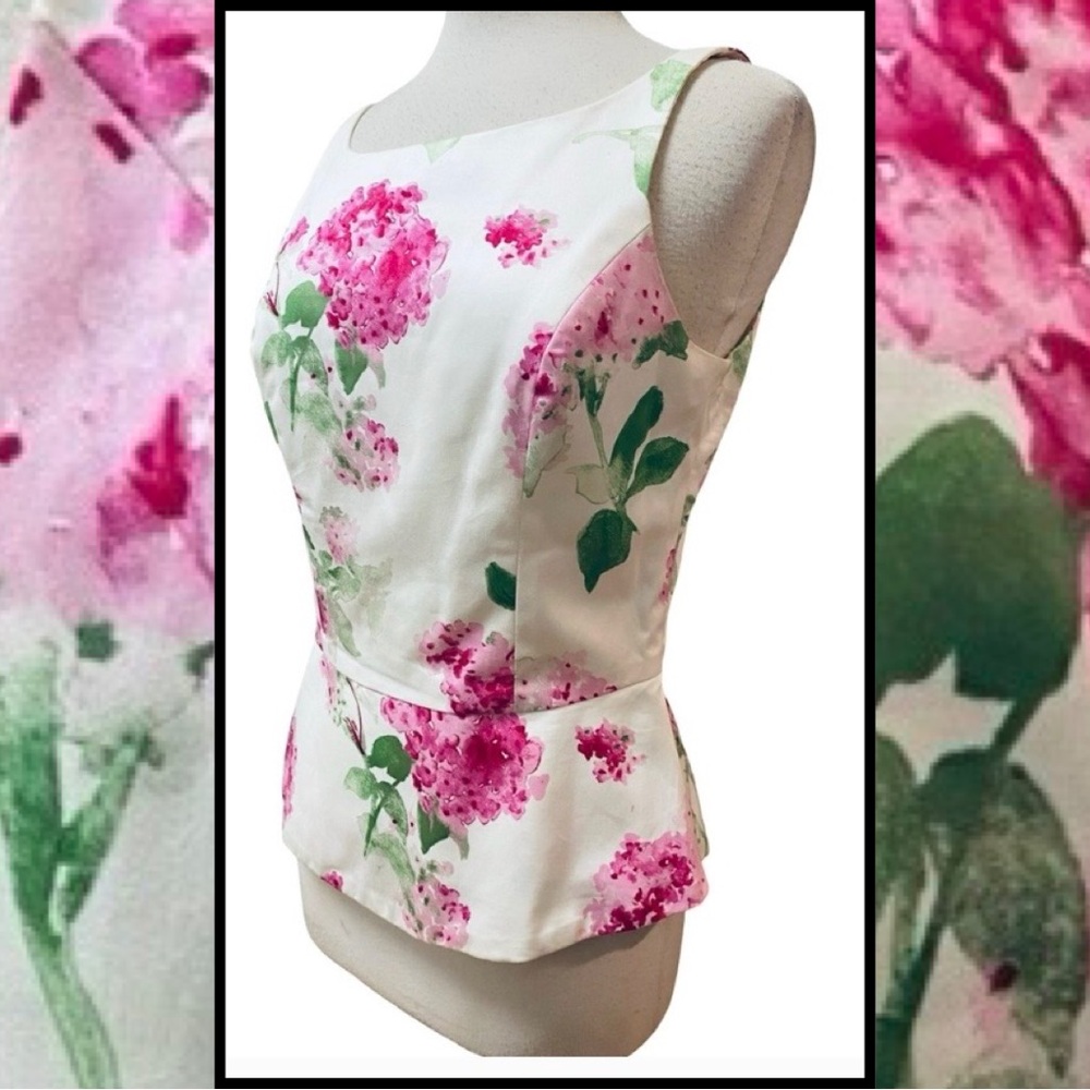 MICHELLE LACY USA Ivory Sateen Cotton Silk Chiffon Pinks Floral 2pc Top Skt 10